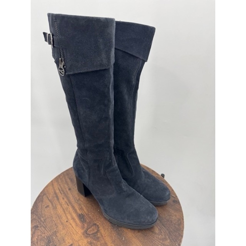 Nero Giardini Black Suede Knee High Block Heel Boots SZ 8 Luxury Minimalist